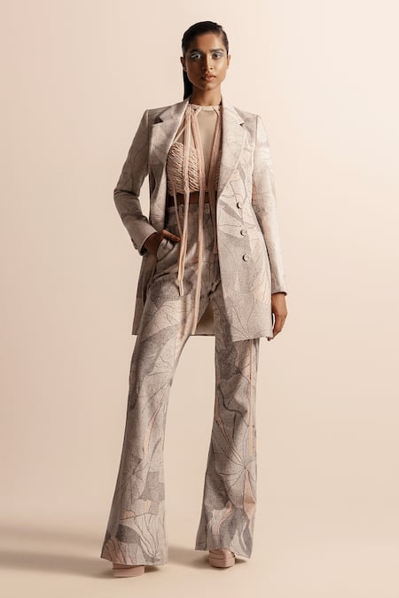 Abhishek Sharma Ivory Handloom Cotton Printed Lotus Pond Lapel Blazer And Trousers 