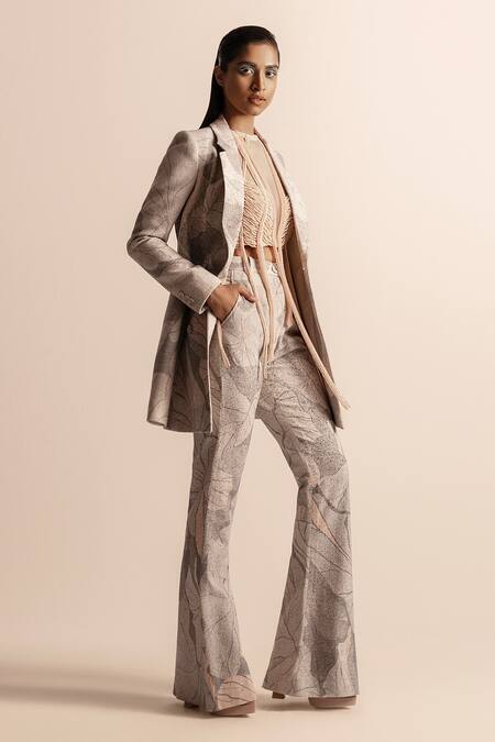 Abhishek Sharma_Ivory Cotton Lotus Pond Print Blazer And Trousers _Online_at_Aza_Fashions