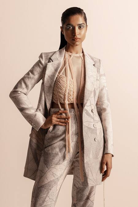 Buy_Abhishek Sharma_Ivory Cotton Lotus Pond Print Blazer And Trousers _Online_at_Aza_Fashions
