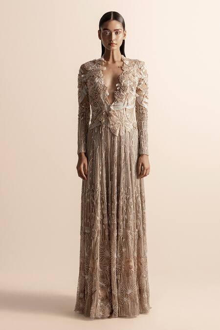 Abhishek Sharma_Ivory Net Beads Plunge Neck 3d Floral Embroidered Jacket _Online_at_Aza_Fashions