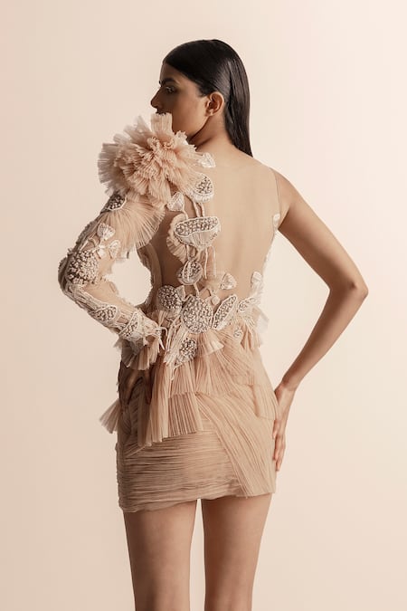 Abhishek Sharma Beige Textured Pleated Short Skirt 