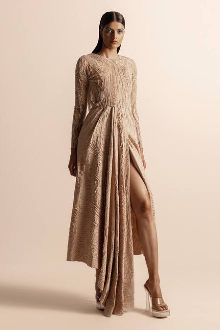 Abhishek Sharma_Beige Net Embroidery Quilted Draped Skirt _Online_at_Aza_Fashions