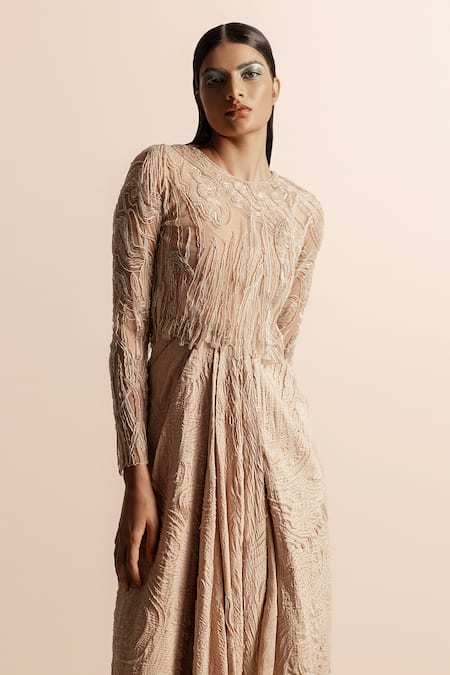 Buy_Abhishek Sharma_Beige Net Embroidery Quilted Draped Skirt _Online_at_Aza_Fashions