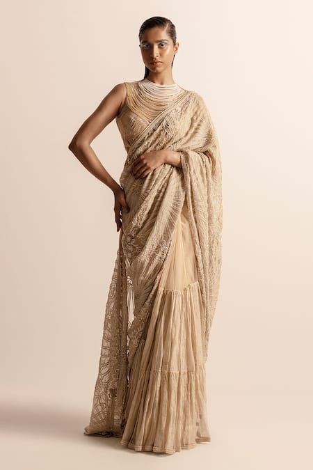 Abhishek Sharma Floral Pearl Work Saree with Draped Blouse 