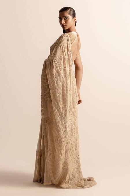 Buy_Abhishek Sharma_Gold Chanderi, Tissue Pearls, Beads, Embroidery Round Neck Saree And Blouse _Online_at_Aza_Fashions