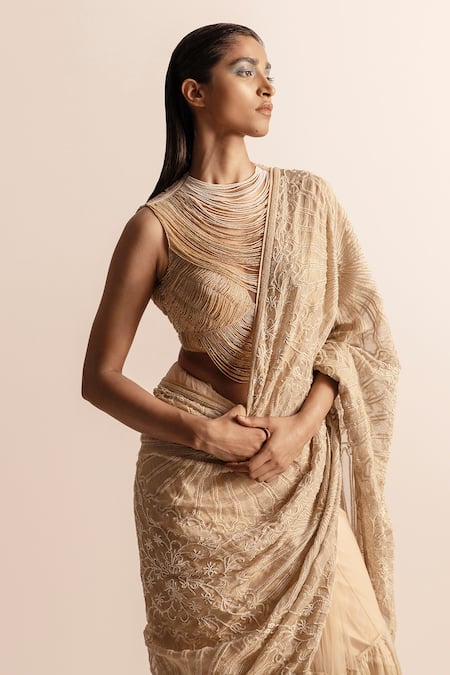 Shop_Abhishek Sharma_Gold Chanderi, Tissue Pearls, Beads, Embroidery Round Neck Saree And Blouse _Online_at_Aza_Fashions