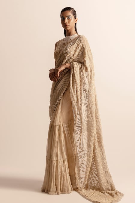 Abhishek Sharma_Gold Net, Crepe Beads, Pearls Round Neck Draped Blouse _Online_at_Aza_Fashions