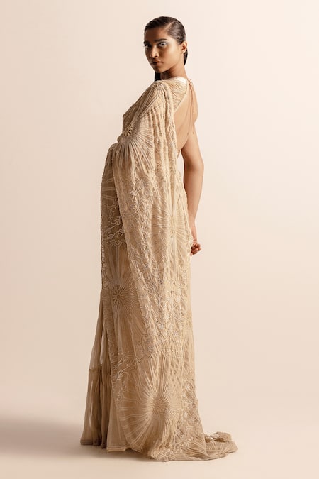 Buy_Abhishek Sharma_Gold Net, Crepe Beads, Pearls Round Neck Draped Blouse _Online_at_Aza_Fashions