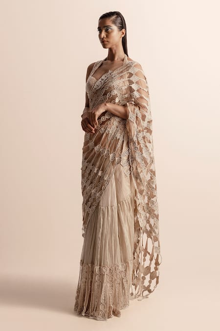 Abhishek Sharma_Gold Net, Tissue Embellished Patchwork Palla Pre-draped Saree With Blouse _Online_at_Aza_Fashions