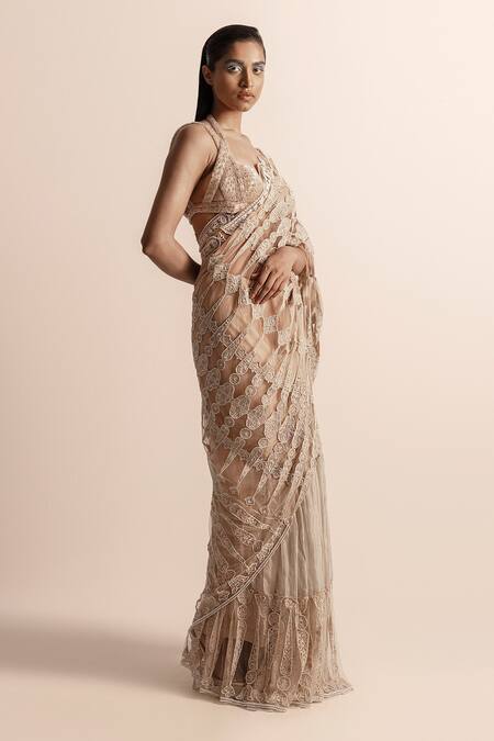 Buy_Abhishek Sharma_Gold Net, Tissue Embellished Patchwork Palla Pre-draped Saree With Blouse _Online_at_Aza_Fashions