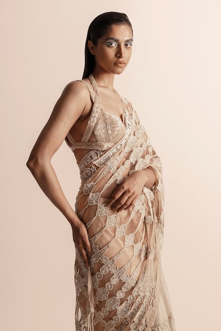 Shop_Abhishek Sharma_Gold Net Beads Halter Neck Bugle Blouse _Online_at_Aza_Fashions