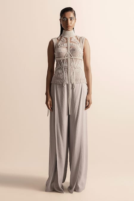 Abhishek Sharma_Blue Net, Crepe Pearls, Beads, Embroidery Bandeau Neck Embellished Cut-out Top _Online_at_Aza_Fashions