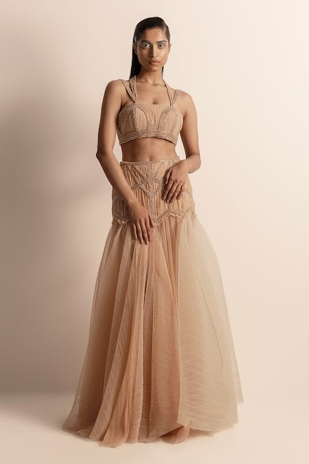 Abhishek Sharma Beige Net Crepe Embellished Beads Halter Neck Crystal Crop Top 