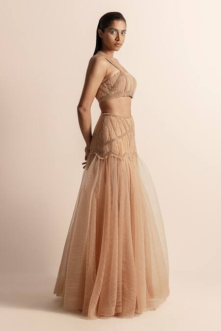 Abhishek Sharma_Beige Net, Crepe Crystals, Beads Halter Neck Embellished Crop Top _Online_at_Aza_Fashions