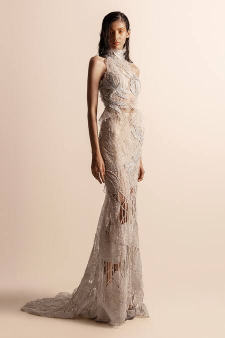 Abhishek Sharma_Blue Net, Crepe Beads, Patchwork Bandeau Neck 3d Embellished Top _Online_at_Aza_Fashions