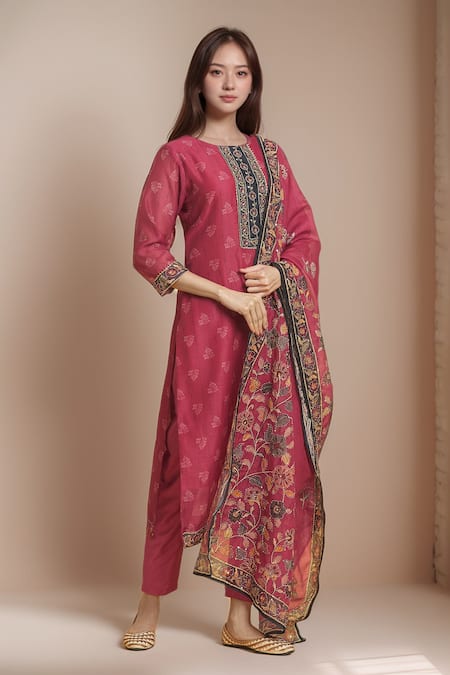 Samyukta Singhania Fuchsia Chanderi Silk Printed And Hand Embroidered Floral Round Kurta Set 