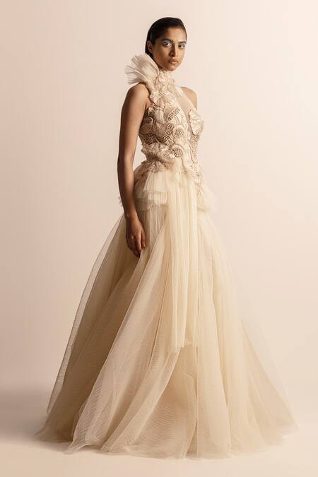 Abhishek Sharma_Ivory Net, Crepe Beads, Embroidery Bandeau Pod 3d Patchwork Asymmetrical Top _Online_at_Aza_Fashions