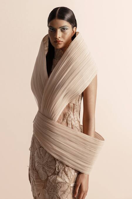 Abhishek Sharma_Ivory Net, Crepe Beads, Embroidery Asymmetric Textured Fluted Top _Online_at_Aza_Fashions