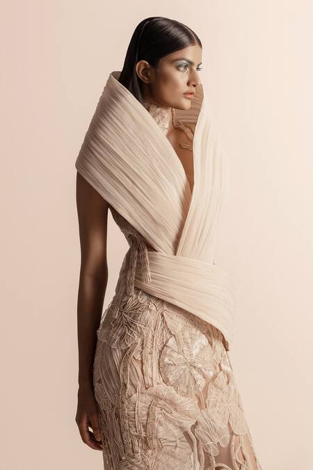 Buy_Abhishek Sharma_Ivory Net, Crepe Beads, Embroidery Asymmetric Textured Fluted Top _Online_at_Aza_Fashions