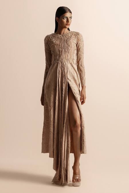 Abhishek Sharma_Beige Net Sequins, Embroidery Round Neck 3d Embellished Crop Top _Online_at_Aza_Fashions