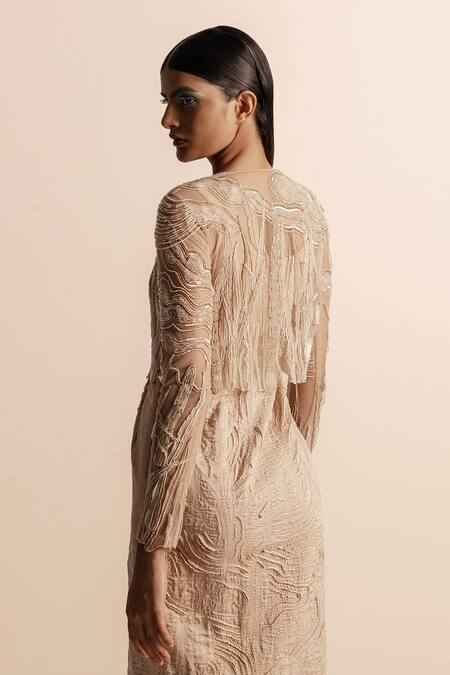 Buy_Abhishek Sharma_Beige Net Sequins, Embroidery Round Neck 3d Embellished Crop Top _Online_at_Aza_Fashions