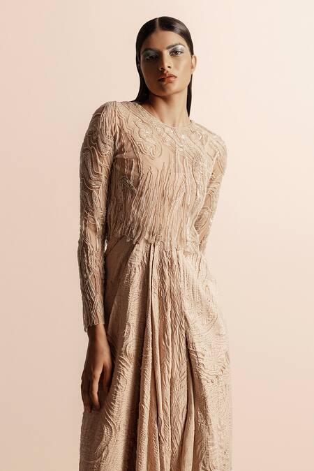 Shop_Abhishek Sharma_Beige Net Sequins, Embroidery Round Neck 3d Embellished Crop Top _Online_at_Aza_Fashions