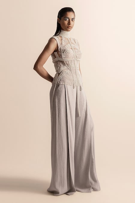 Abhishek Sharma_Blue Crepe, Chiffon Quilted Flared Trouser _Online_at_Aza_Fashions