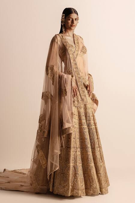 Abhishek Sharma_Gold Brocade, Tissue, Lotus Pond Aari Embroidered Patchwork Bridal Lehenga Set _Online_at_Aza_Fashions