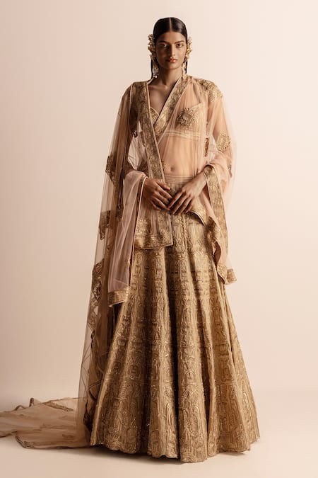 Abhishek Sharma Gold Seminet Embroidered Diamond Crystal Floral Embellished Patchwork Dupatta 