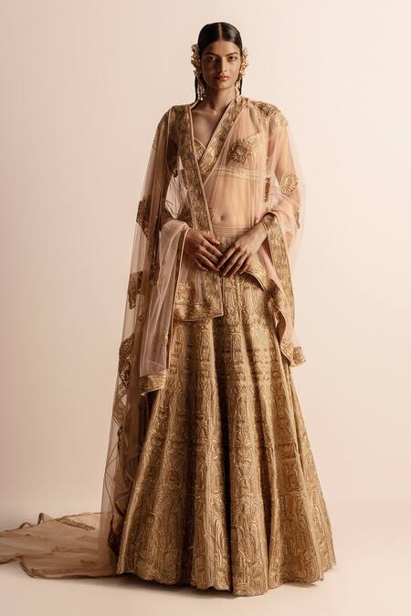Abhishek Sharma_Gold Floral Embellished Patchwork Veil _Online_at_Aza_Fashions