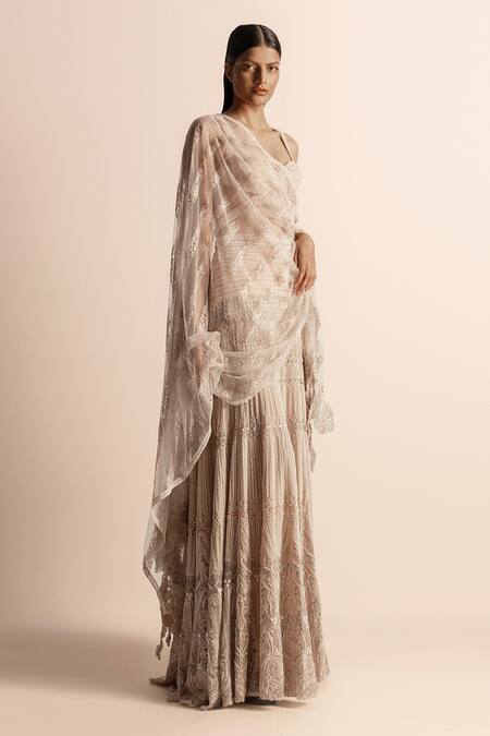 Abhishek Sharma_Pink Pearls, Beads, Diamonds Plunge Neck, Crystal Embellished Cut-out Blouse _Online_at_Aza_Fashions