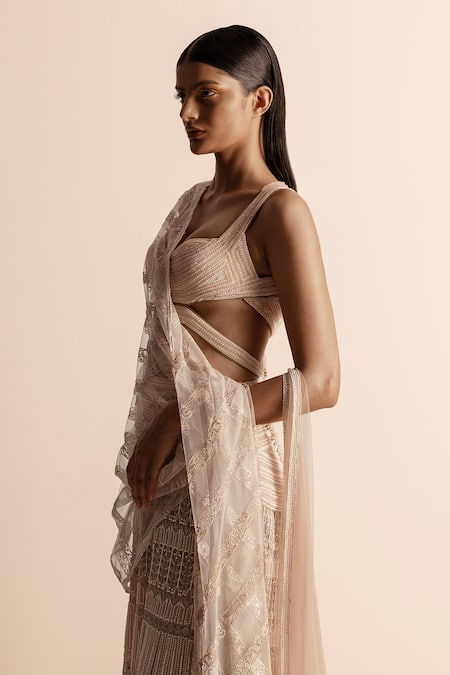 Buy_Abhishek Sharma_Pink Pearls, Beads, Diamonds Plunge Neck, Crystal Embellished Cut-out Blouse _Online_at_Aza_Fashions