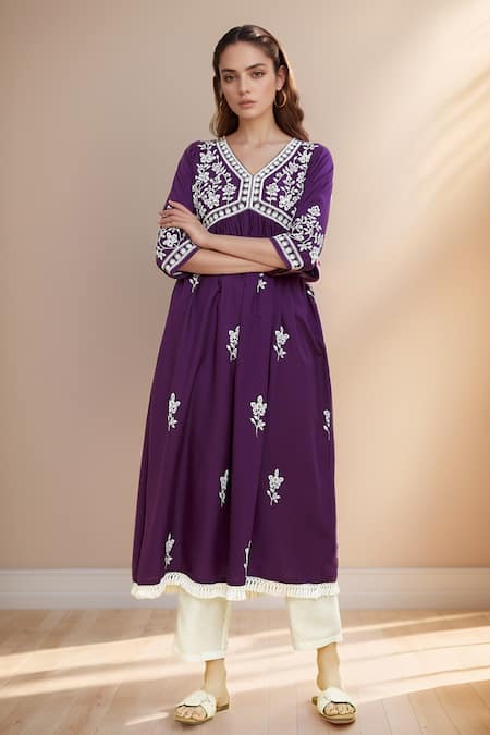 Khwaab by Sanjana Lakhani Purple Viscose Rayon Embroidery Floral V Neck Bloom Anarkali 