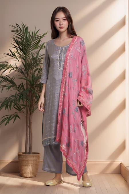 Khwaab by Sanjana Lakhani Grey Kurta Pure Russian Butti Jacquard Woven Floral Round Pant Set 