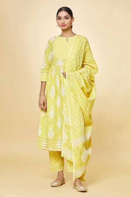 Buy Samyukta Singhania Yellow Cotton Keyhole Neck Printed Anarkali Pant Set Buy_Samyukta Singhania_Yellow Cotton Keyhole Neck Printed Anarkali Pant Set