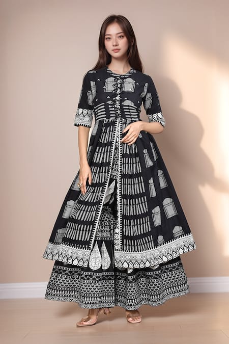 Khwaab by Sanjana Lakhani Black Cotton Printed Digital Mandarin Collar And White Anarkali Set 