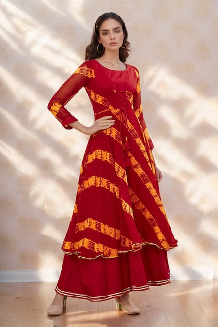 Khwaab by Sanjana Lakhani Red Chiffon Printed Striped Round Dress 