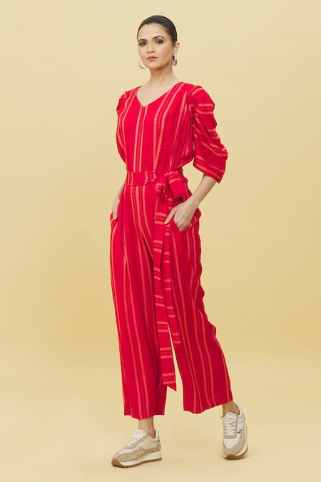 Buy Samyukta Singhania Red Cotton V-neck Stripe Pattern Jumpsuit Buy_Samyukta Singhania_Red Cotton V-neck Stripe Pattern Jumpsuit