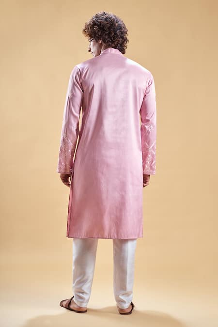 Shop_Arihant Rai Sinha_Pink Silk Embroidery Start Kurta With Churidar _at_Aza_Fashions