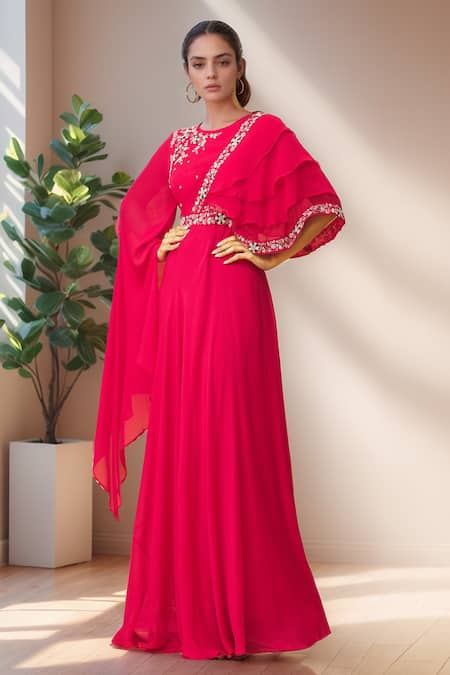 Samyukta Singhania Pink Viscose Organza Embroidered Floral Round Neck And Asymmetric Sleeve Gown 