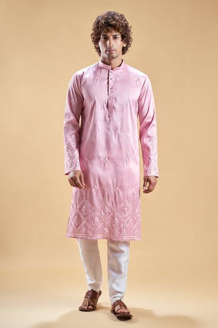 Arihant Rai Sinha_Pink Silk Embroidery Start Kurta With Churidar _Online_at_Aza_Fashions
