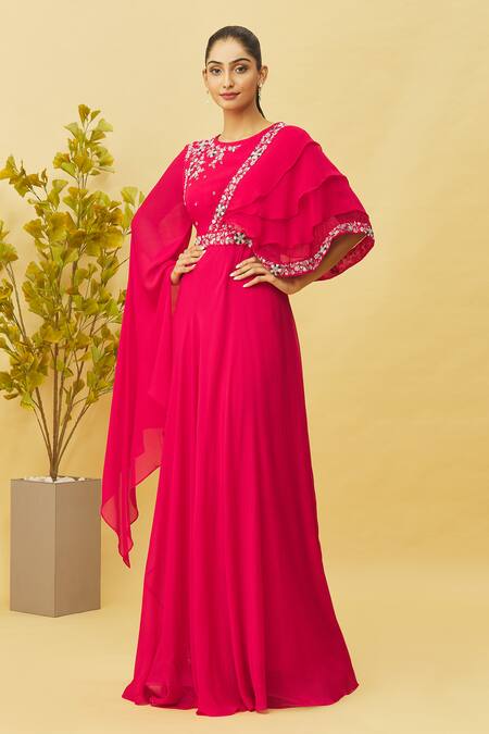 Buy_Samyukta Singhania_Pink Viscose, Organza, Chiffon Embroidery Round Neck And Asymmetric Sleeve Gown
