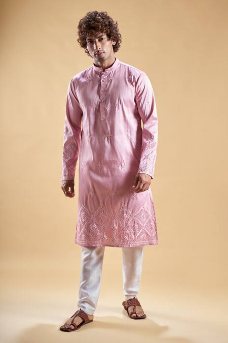 Buy_Arihant Rai Sinha_Pink Silk Embroidery Start Kurta With Churidar _Online_at_Aza_Fashions