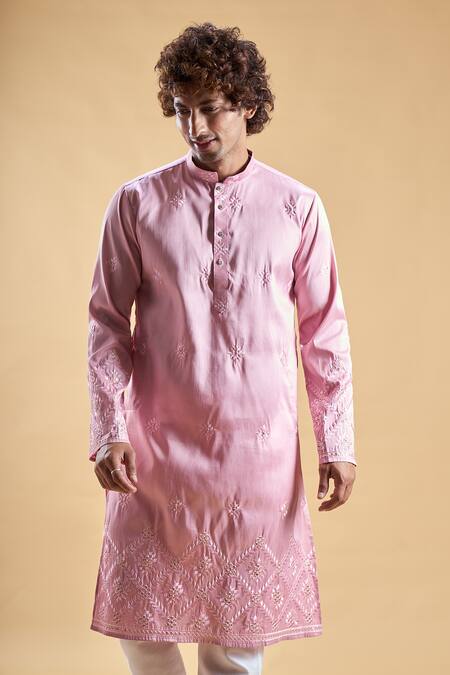 Shop_Arihant Rai Sinha_Pink Silk Embroidery Start Kurta With Churidar _Online_at_Aza_Fashions