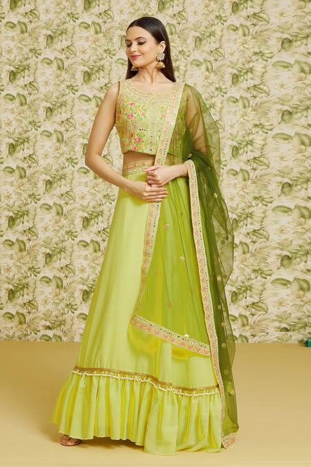 Buy_Samyukta Singhania_Green Silk, Net Sequins, Zari, Mirrors Round Neck Embroidered Blouse Lehenga Set