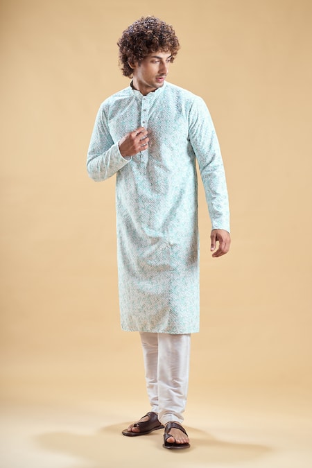 Shop_Arihant Rai Sinha_Green Silk, Rayon Embroidery Chikankari Thread Kurta With Churidar_Online_at_Aza_Fashions