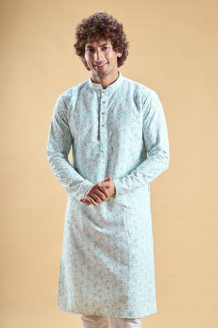 Arihant Rai Sinha_Green Silk, Rayon Embroidery Chikankari Thread Kurta With Churidar_at_Aza_Fashions