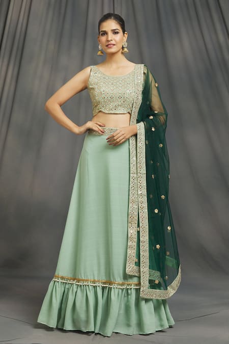 Naintara Bajaj_Green Silk, Chiffon, Net Sequins, Diamonds, Embroidered Blouse Lehenga Set_at_Aza_Fashions