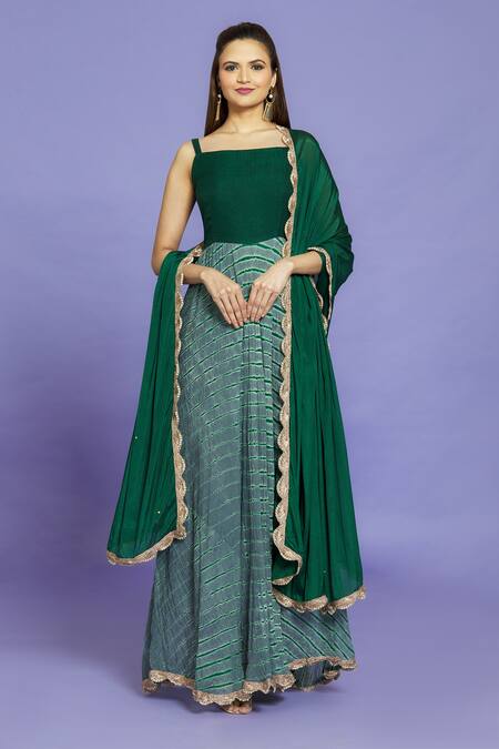 Buy Samyukta Singhania Grey Cotton, Chiffon Lace, Embroidery Leheriya Pattern Anarkali With Dupatta Buy_Samyukta Singhania_Grey Cotton, Chiffon Lace, Embroidery Leheriya Pattern Anarkali With Dupatta