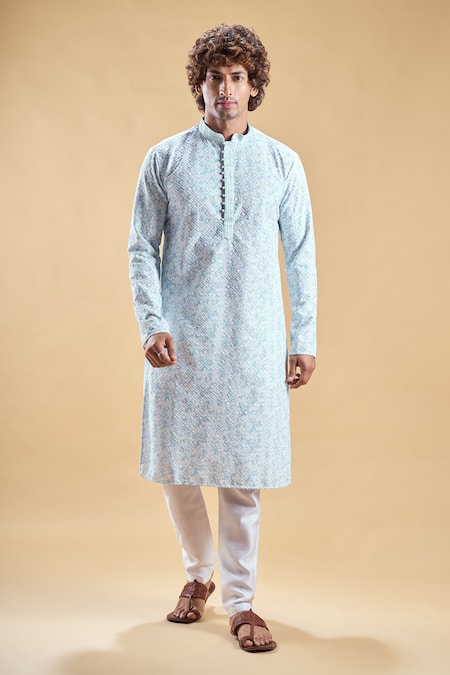 Buy_Arihant Rai Sinha_Blue Silk, Rayon Embroidery Chikankari Straight Kurta With Churidar _Online_at_Aza_Fashions